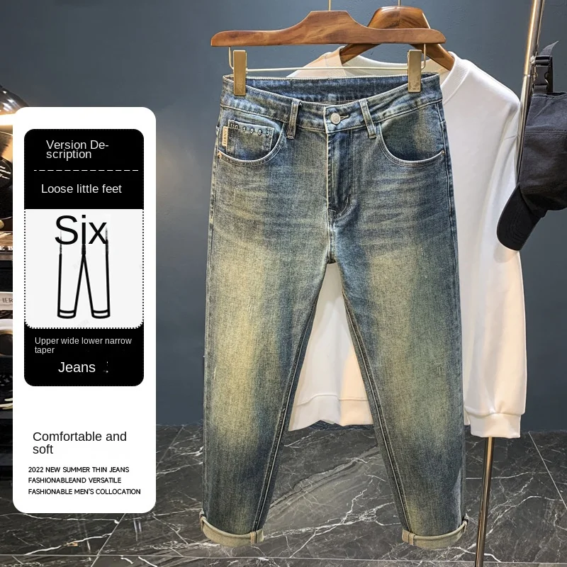 Jeans lavado nostálgico masculino, estilo americano, slim fit, magro, retrô, moda simples, tudo combina, calças jeans de rua, tendência de outono