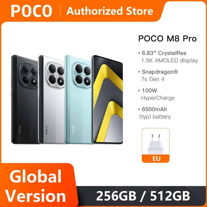 هواتف Xiaomi POCO M8 Pro 5G إصدار عالمي معالج Snapdragon 7s الجيل الرابع شاشة 6.83 بوصة 1.5K بمعدل تحديث 120 هرتز بطارية 6500 مللي أمبير شحن سريع 100 واط NFC