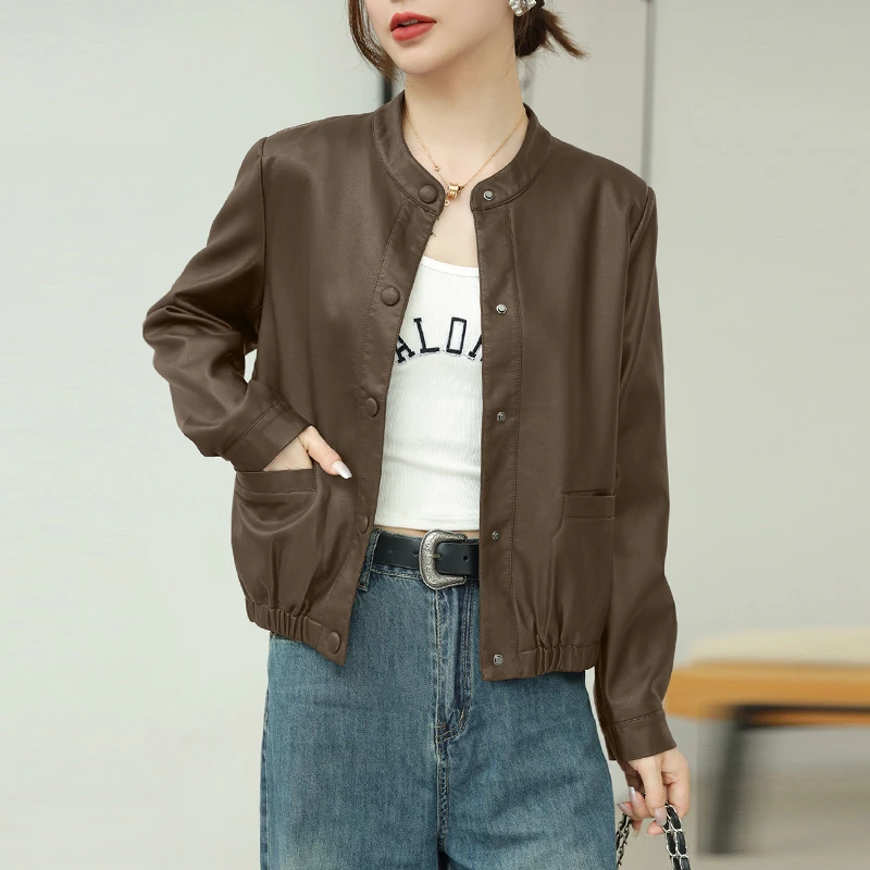 Fashionable PU Leather Jacket Women's Loose Casual Slimming Short Coat round Neck Popular Style Commute Wind Polyester Fiber