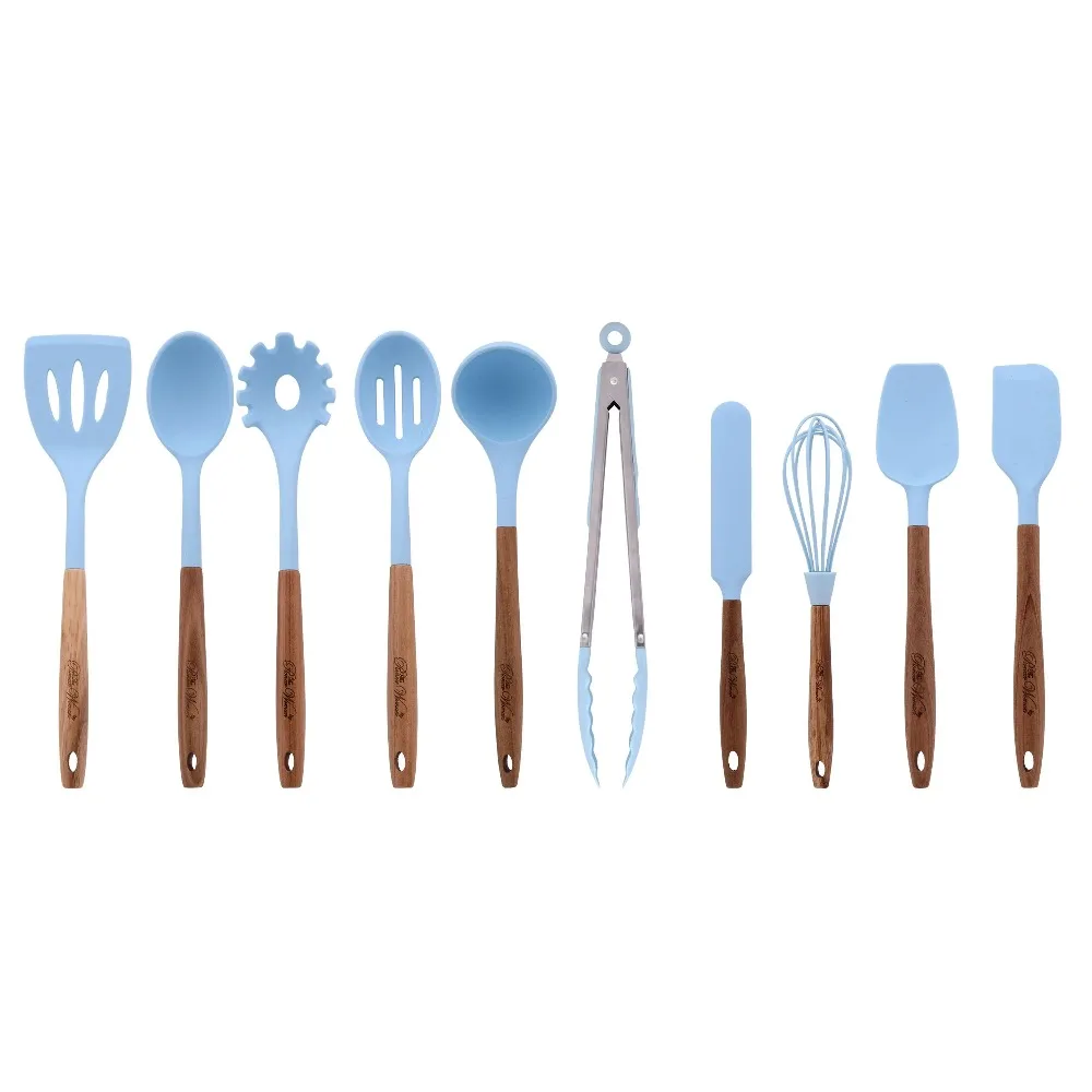 10-piece silicone cooking tools with acacia wood handles in blue color