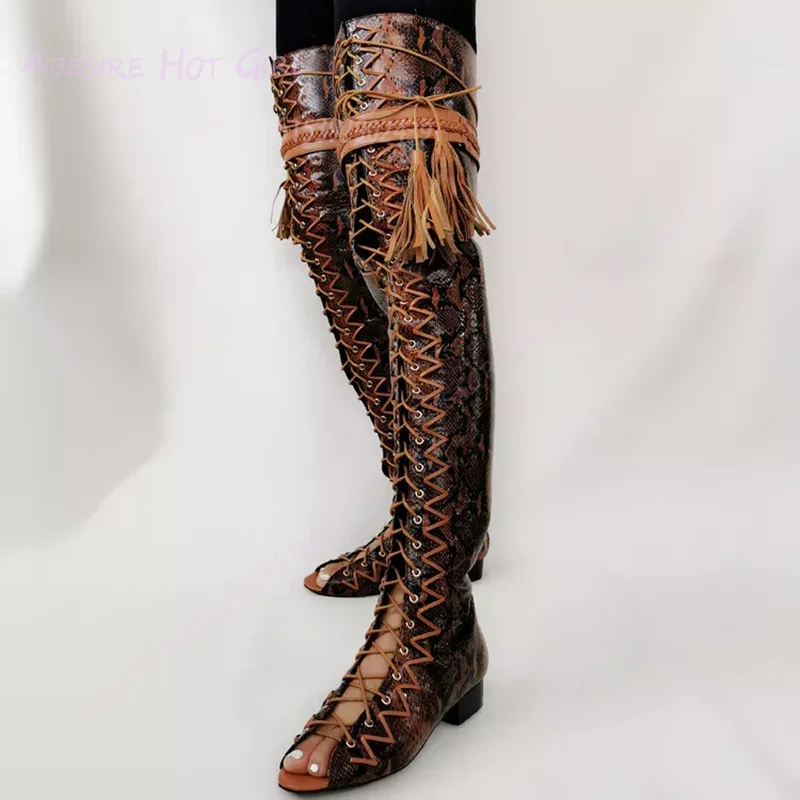 Brown Snake Print Thigh Boots Women Flats Autumn Black Leather Round Toe Pants Tie Tassel-Tie Zipper Booties Cool Fashion Shoes