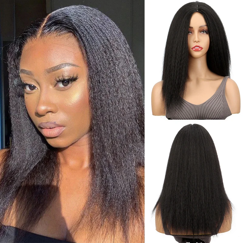 16/22Inch Synthetic Long Yaki Kinky Straight Wig Soft Fluffy Hair Wigs for Women Daily Use
