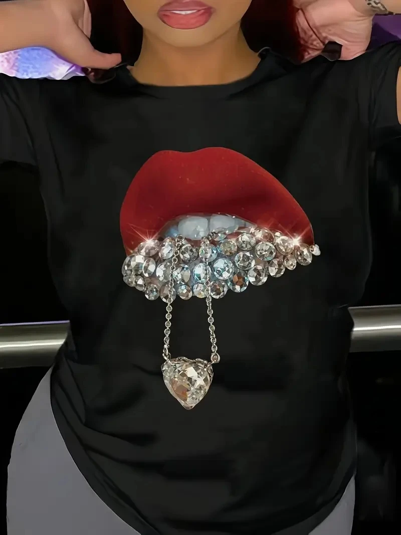 Stylish Women's T-shirt with Red Lips and Heart-shaped Pendant Print, Casual Crew Neck.graphic T Shirts Summer Streetwear Y2K