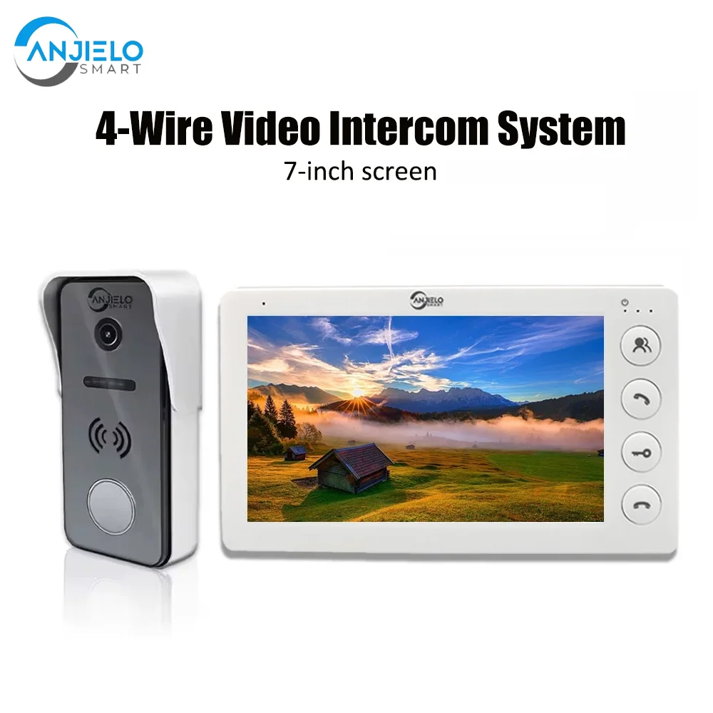 

ANJIELO 7-inch 4-wire video doorbell system with swipe card unlock and AHD camera night vision and wide-angle lens