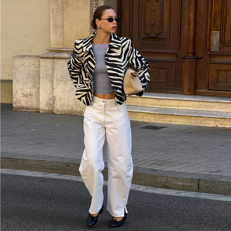 Damen-Crop-Mäntel, Zebra-Muster, Revers, Langarmjacken, Herbst, Damen, einreihig, mit Einsätzen, schmale Jacke, neue Oberbekleidung – Detail 2