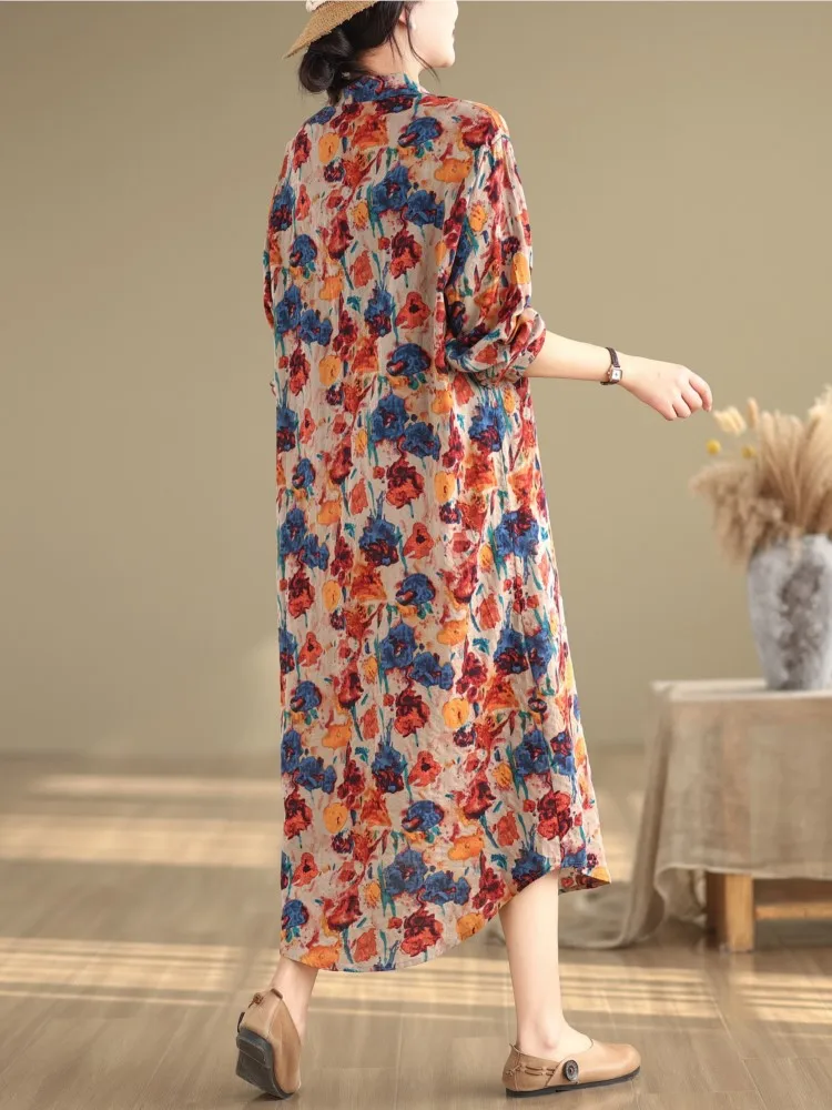 Oversized Spring Long Shirt Dress Women Floral Print Fashion Long Sleeve Ladies Dresses Casual Loose Pleated Woman Shirt Dress