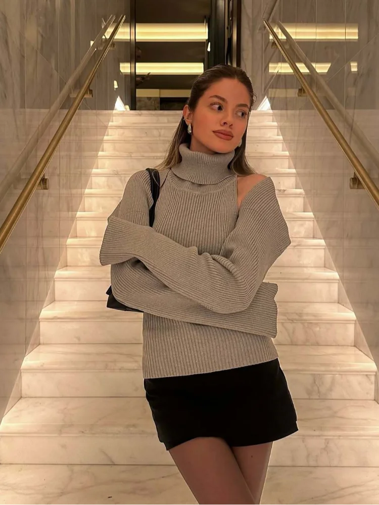 

Fashion Turtleneck Kintted Pullover Shawl Set Women Chic Backless Sweater Full Sleeve Cape Sets 2026 Lady Daily Street Outfits