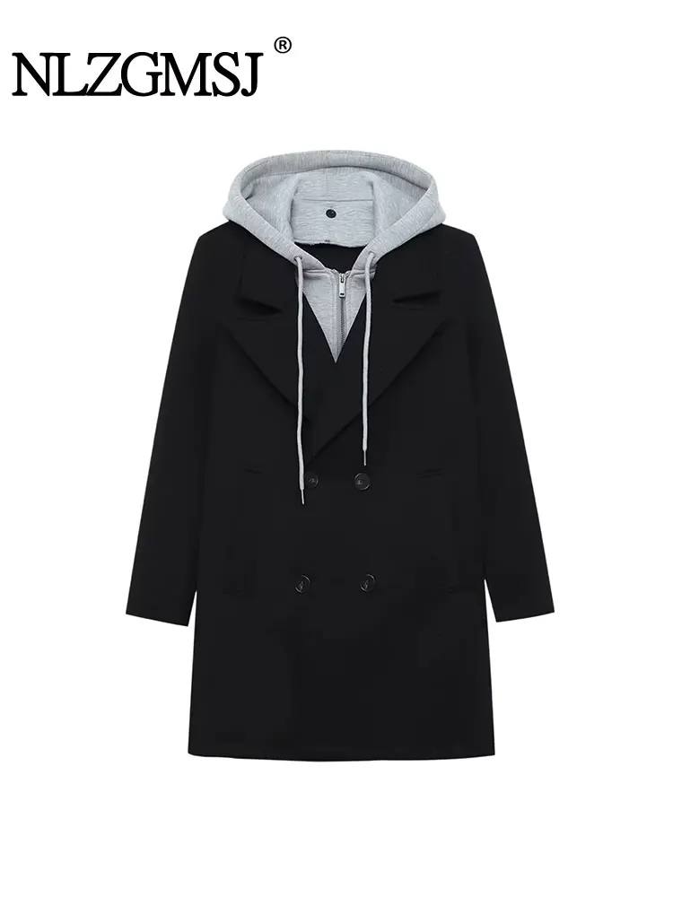 Nlzgmsj Herfst Nieuwe vrouwen Jas Pocket Lange Mouw Jas Splice Capuchon Ontwerp Jassen Voor Vrouwen Nieuwe Lange Trenchcoat