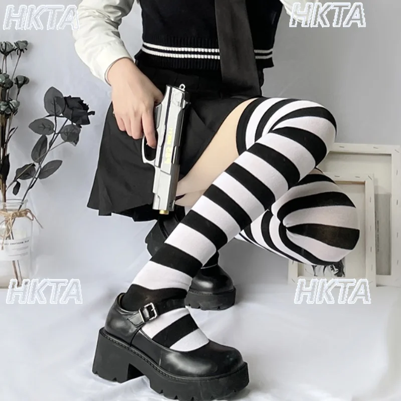 

Japanese Style Black Gray Striped Socks Women Long Socks Thigh High Stockings Y2K Subculture Dark Punk JK Over-the-Knee Socks
