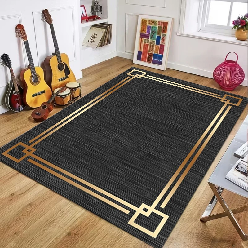 Modern Geometric Border Area Rug, Luxury Gold Frame Floor Mat for Living Room Bedroom, Soft Non-Slip Washable Home Decor Carpet
