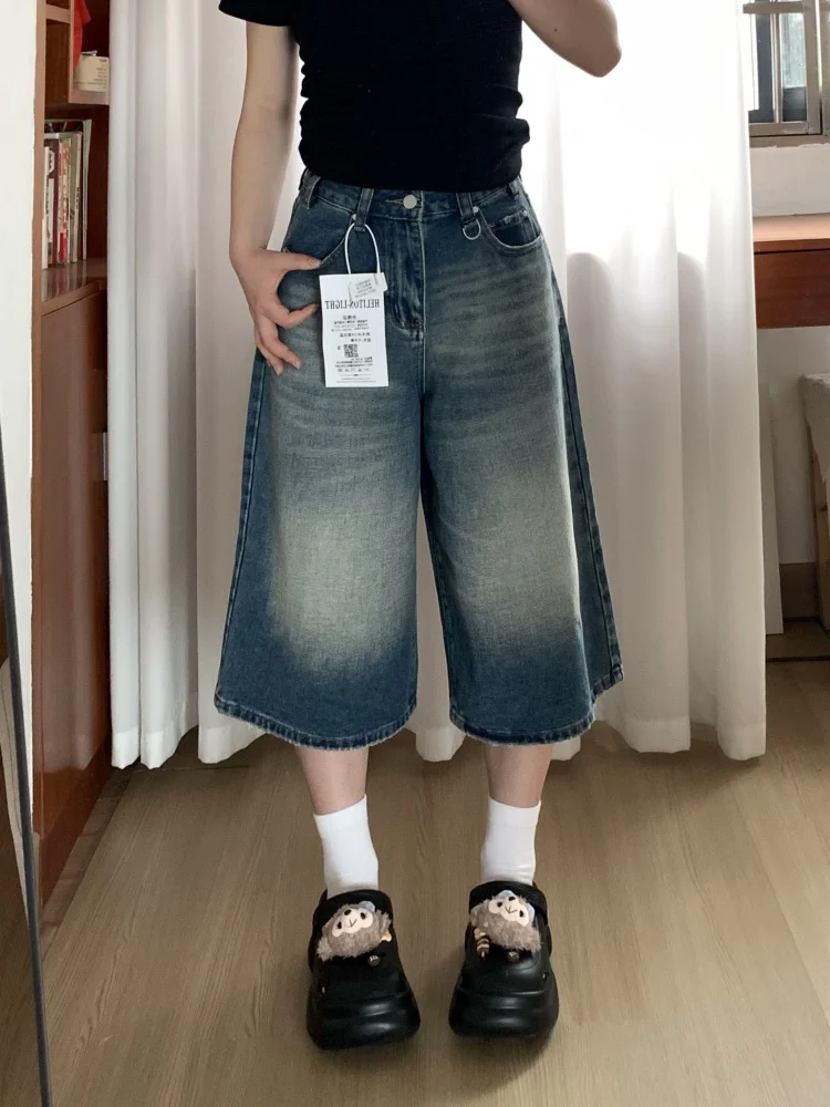 

Retro High Waist Distressed Washed Denim Shorts plus Size Loose Fit Summer Casual Wide Leg Pants for Women Spring New Style