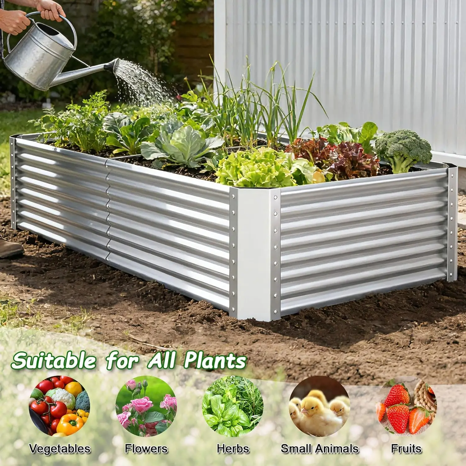 Outdoor Patio, Galvanized Metal, Silver, Large Rectangular Deep Root Planter Box for Gardening, Vegetables, Flowers, and Herbs view 4