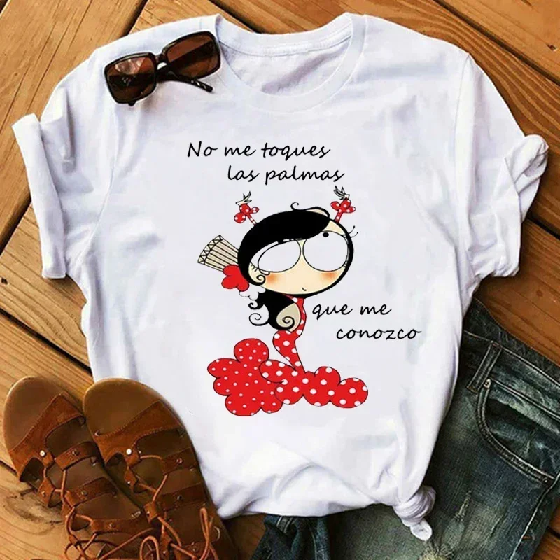 Camiseta con estampado de chica de dibujos animados de baile Flamengo para mujer, camisetas a la moda con cuello redondo para mujer, camisetas bonitas, ropa estética para mujer
