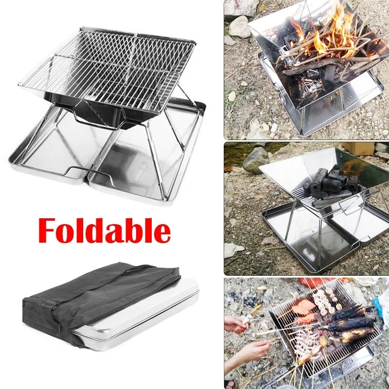 Foldable Portable Stainless Steel Outdoor Wood Burner Multiplayer Charcoal Barbecue Grill Firewood Stove