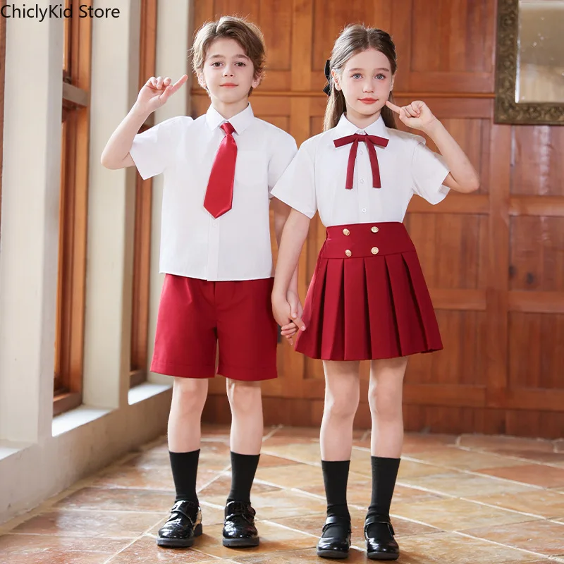 Girls Short Sleeve Blouse Skirt Boys British Shirt Shorts Children Kindergarten Students Summer Clothes Sets Kids School Uniform
