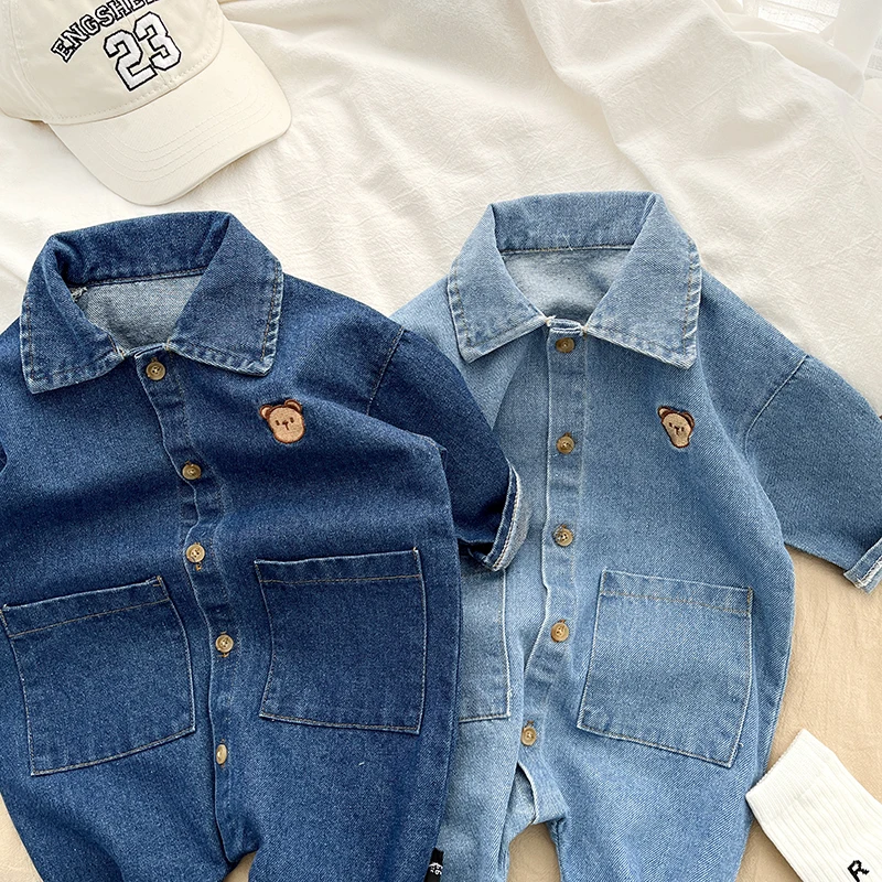 Spring And Autumn Newborn Infant Baby Boys And Girls Cotton Denim Romper Long-sleeved Cute Kids Korean Soft Baby Clothing