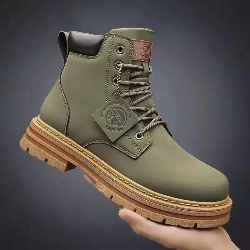 High Top Men Boots Fashion Motorcycle Ankle Boots for Men New Hot Green Male Hiking Boot Winter Lace-Up Men's Shoes Botas Hombre