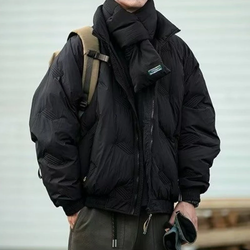 

Thermal Winter Coat Japanese Pleated Men's Quilted Cotton Jacket Thickened Warmth Turtleneck Couple's Loose Fit