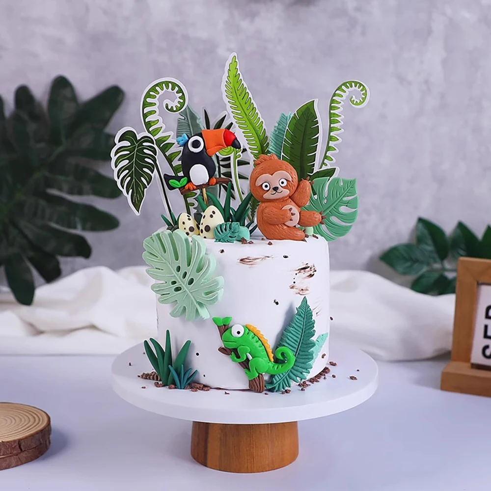 Wald Dschungel Kuchen Dekoration Cartoon Tukan Faultier Chamäleon Kuchen Topper Regenwald Blattpflanzen für Kinder Alles Gute zum Geburtstag Cupcake