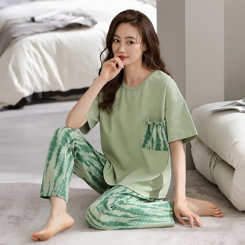 

Women's Pajamas Summer Short-sleeved Trousers Round Neck Set Loungewear Set