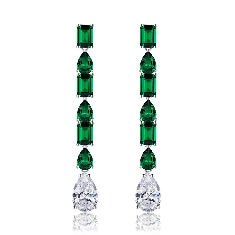 

New S925 Silver 1ct Green Nano Earrings 8 * 12 European and American Long Style Personalized Temperament Earrings for Women