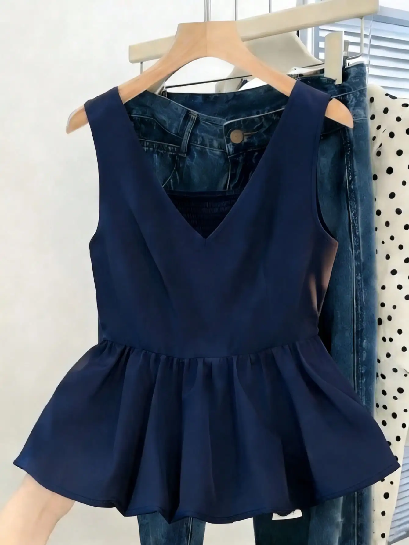 Slim-fit Cami with Ruched Back & Thick Straps, Ruffled Hem, Stretch Gathered Design for All Body Types