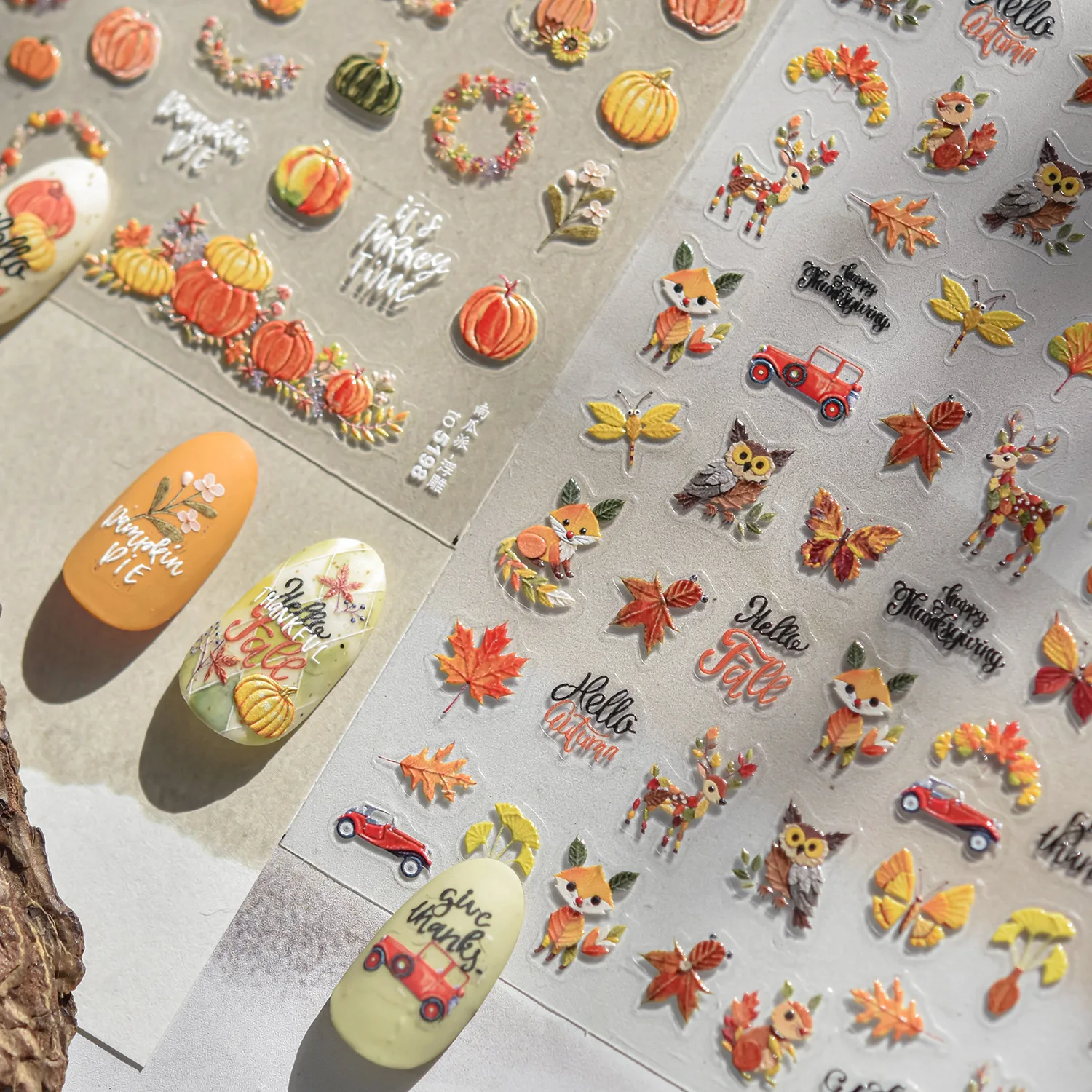 Fruit Pumpkin Dragonfly Fox Mushroom Apple Pinecone Ginkgo Leaf Car Maple Leaves Car Butterfly Nail Art Stickers Manicure Decals