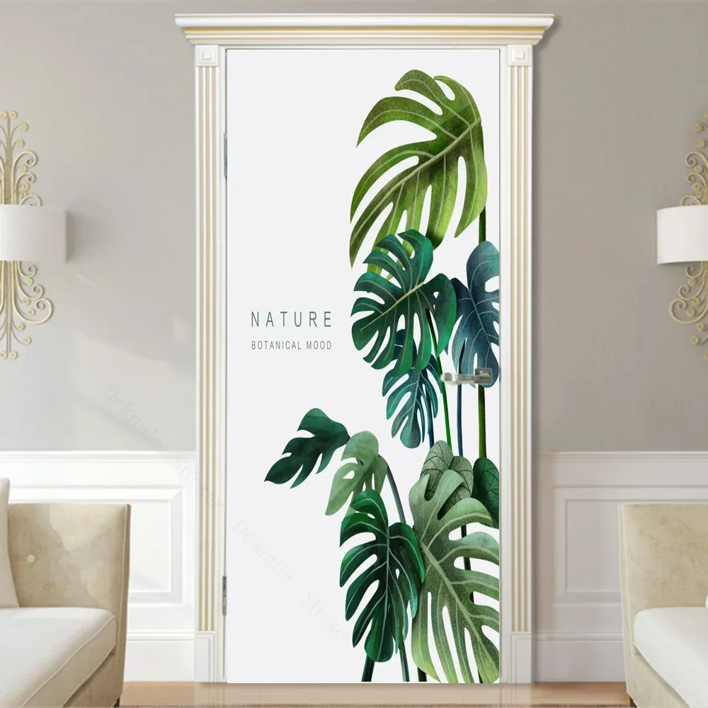 Green Palm Leaf Door Stickers Tropical Plants Self-Adhesive Wallpaper Cover Bedroom Entrance Poster Furniture Decal Home Design