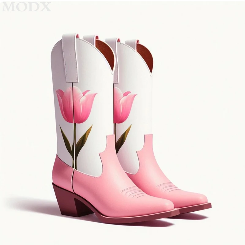 Pink & White Tulips Print Chunky Heel Mid-Calf Cowboy Boots for Women Flower Embroidered Fashion Runway Shoes Zapatillas Mujer