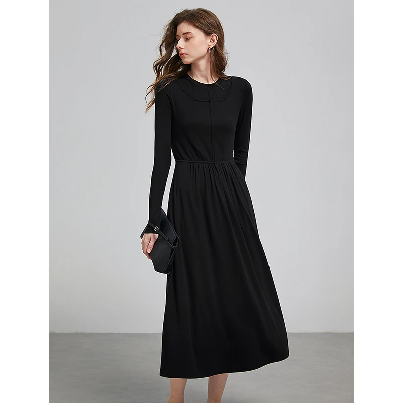 TOYOUTH Women Dress 2025 Spring New Splicing Fake Two Piece Slim Waist Long Sleeve Knee Length Black Bottom Dress