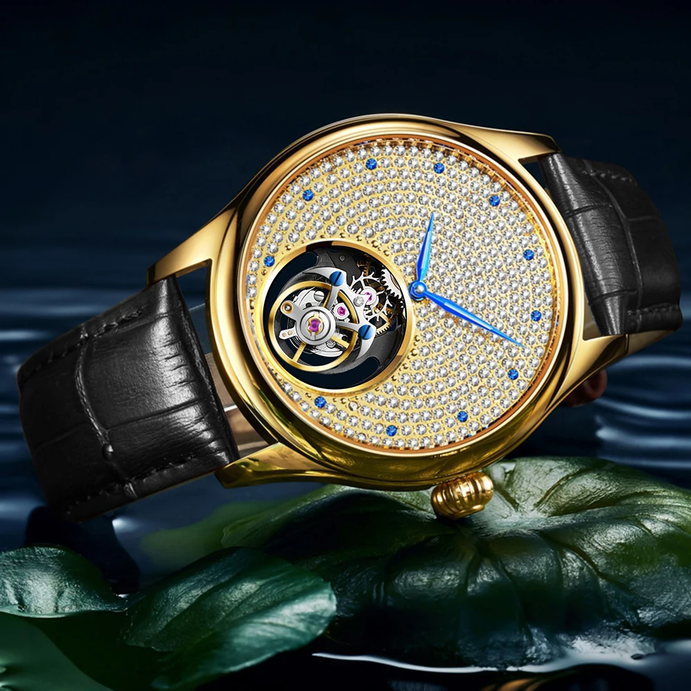 Premium AESOP Manual 7046G Tourbillon Mechanical Watch Gold Full Diamond Dial 41mm 30M Waterproof Jam Tangan Lelaki Tahan Lasak