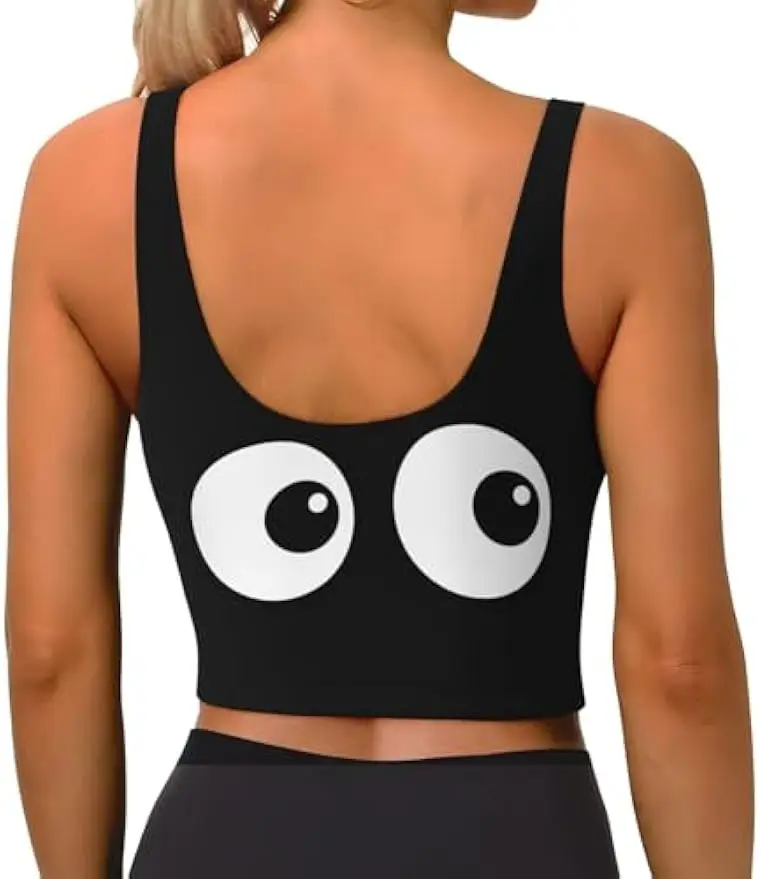 Eyes Women Scoop Neck Sports Bras Removable Pads Yoga Running Outfit Crop Gym Top U Back Exercise Tank Tops