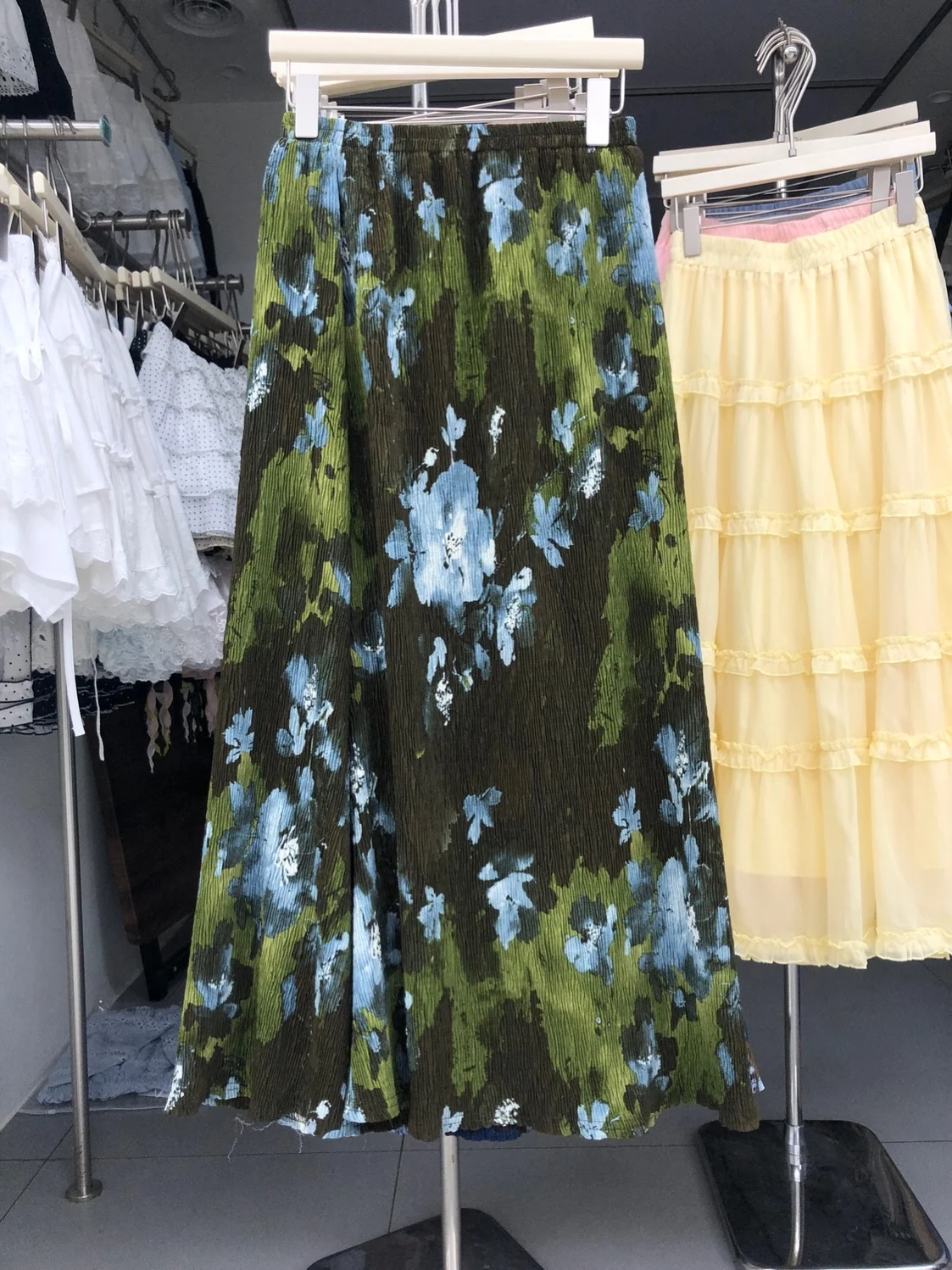 Fashionable Heavyweight Water-Based Ink Pleated Split Midi Skirt Women's Mid-Length Straight Cut High Waist Polyester Fiber