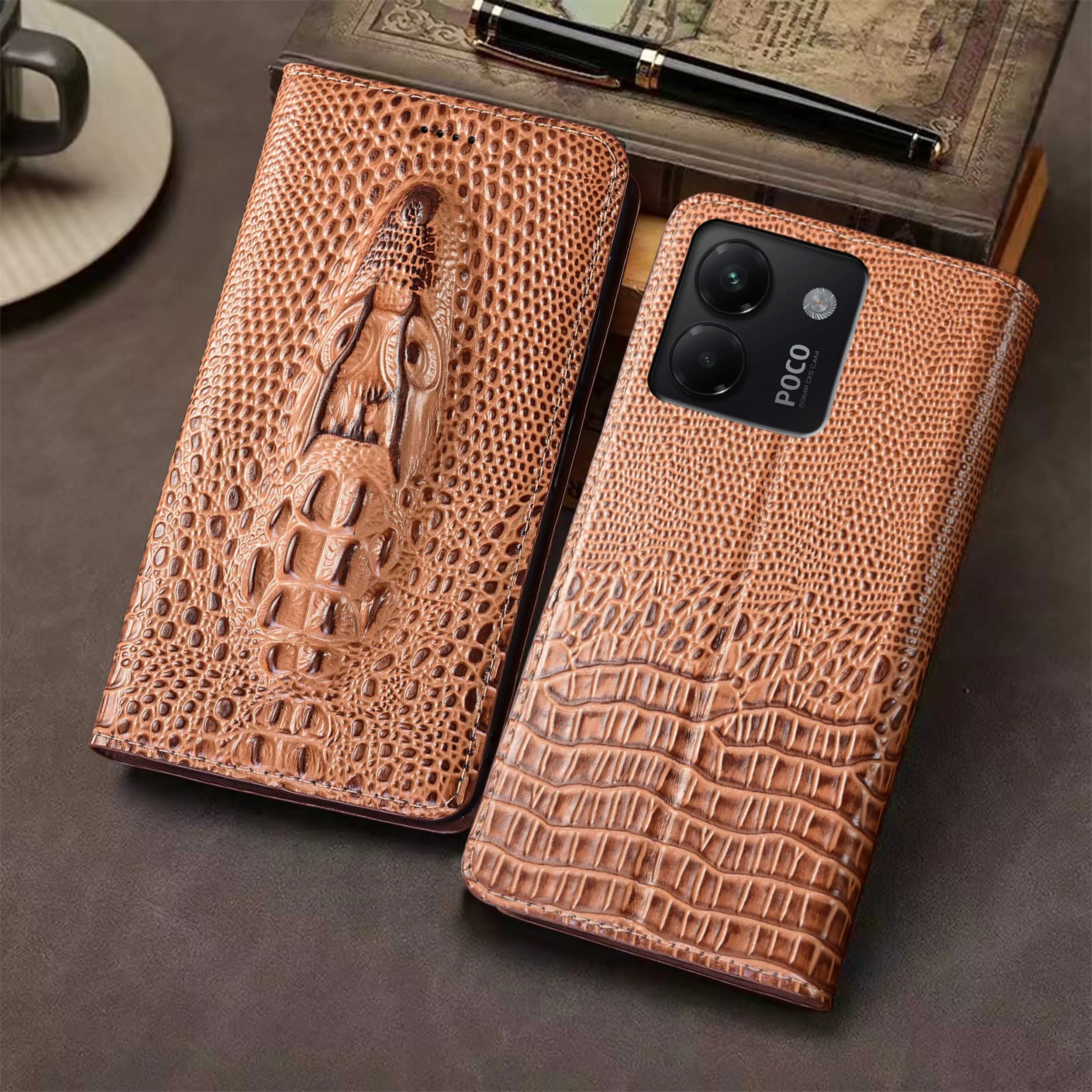 

For Xiaomi Poco M3 M4 M5 M5S M6 M7 Pro Plus 4G 5G Crocodile Head Pattern Of Genuine Leather Wallet Flip Phone Cover Case NonSlip