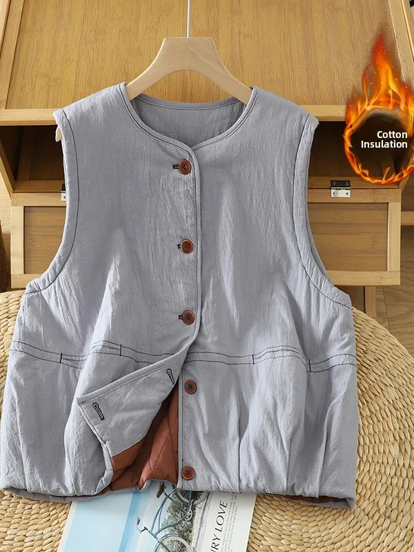 Frauen Winter Neue Leinen Baumwolle Jaet Lose Casual Künstlerische Verdickte Oberkörper Baumwolle Gepolsterte Weste Pendeln Sle runde Ne...