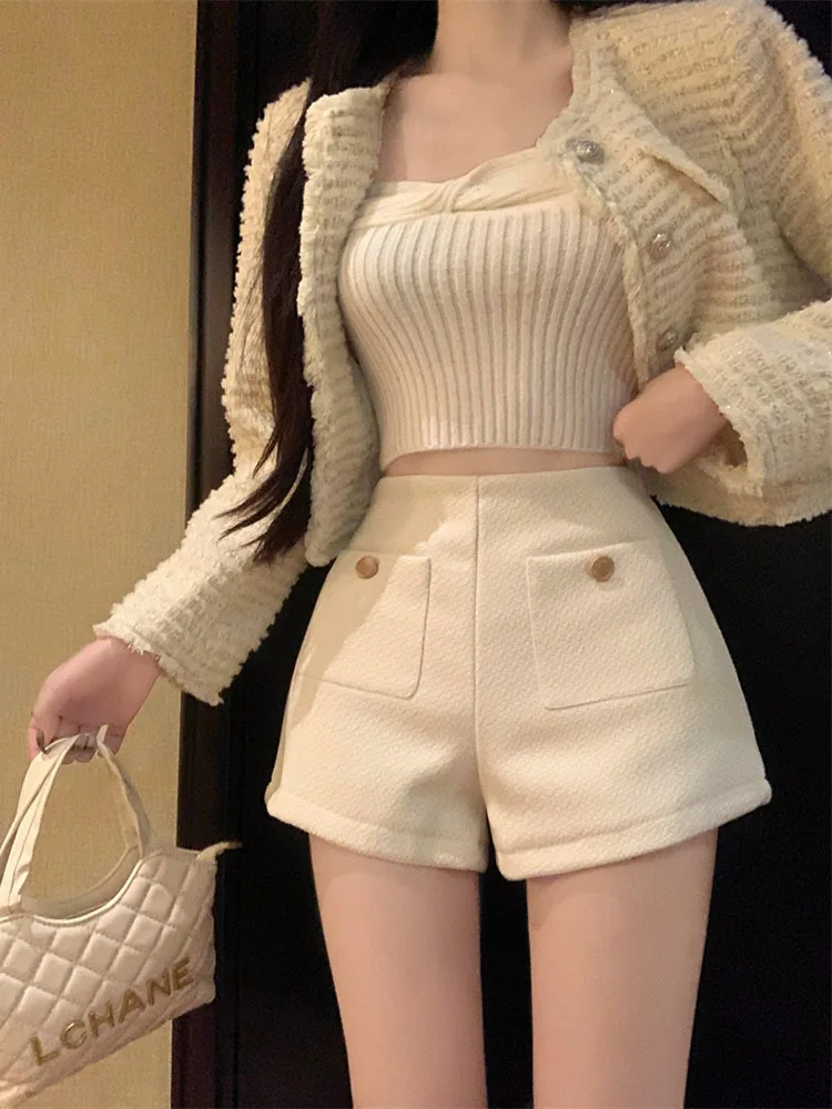 

Shorts Women's 2024 Elegant Tweed Short Pants Spring High Waist Straight Pants White Loose Tweed Wide Leg Pants with belt Summer