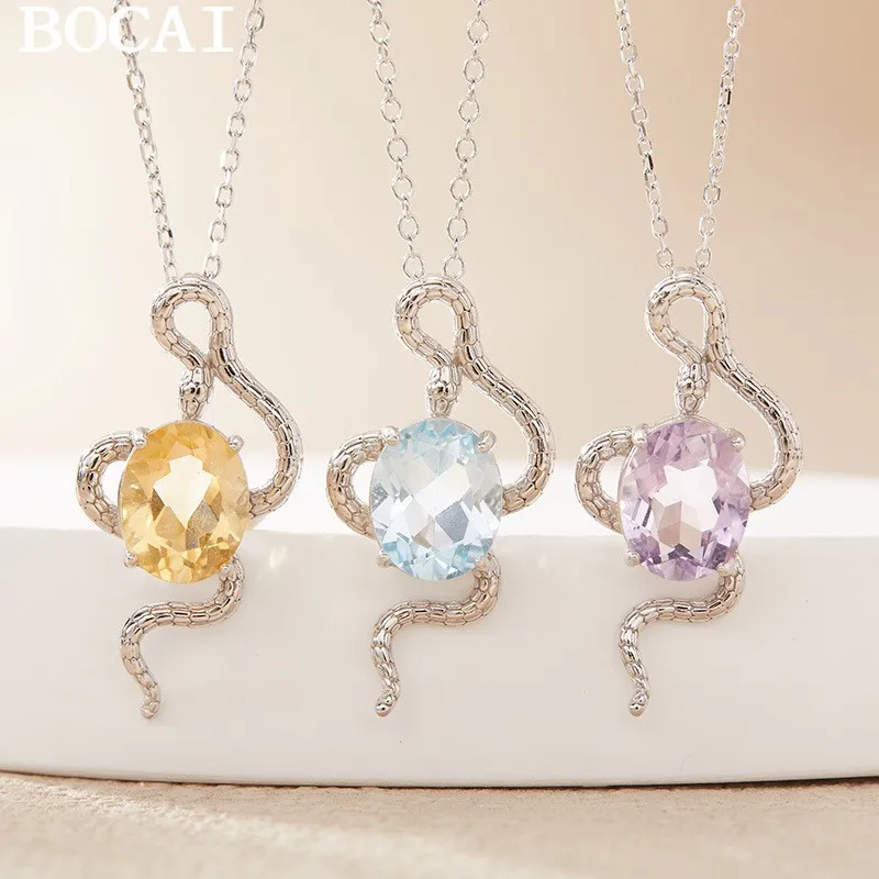 

BOCAI NEW S925 Sterling Silver Fashionable Personality Inlaid With Natural Gemstones Topaz Amethyst Snake Pendant