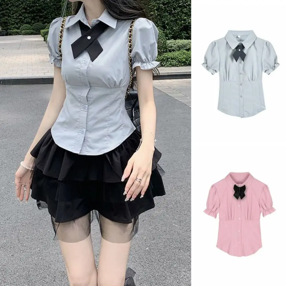 

Chic Bowknot JK Short Sleeve Shirts Puff Sleeve Y2K Slim Blouse Women Crop Top Preppy Style Sweet Girls Shirts Summer
