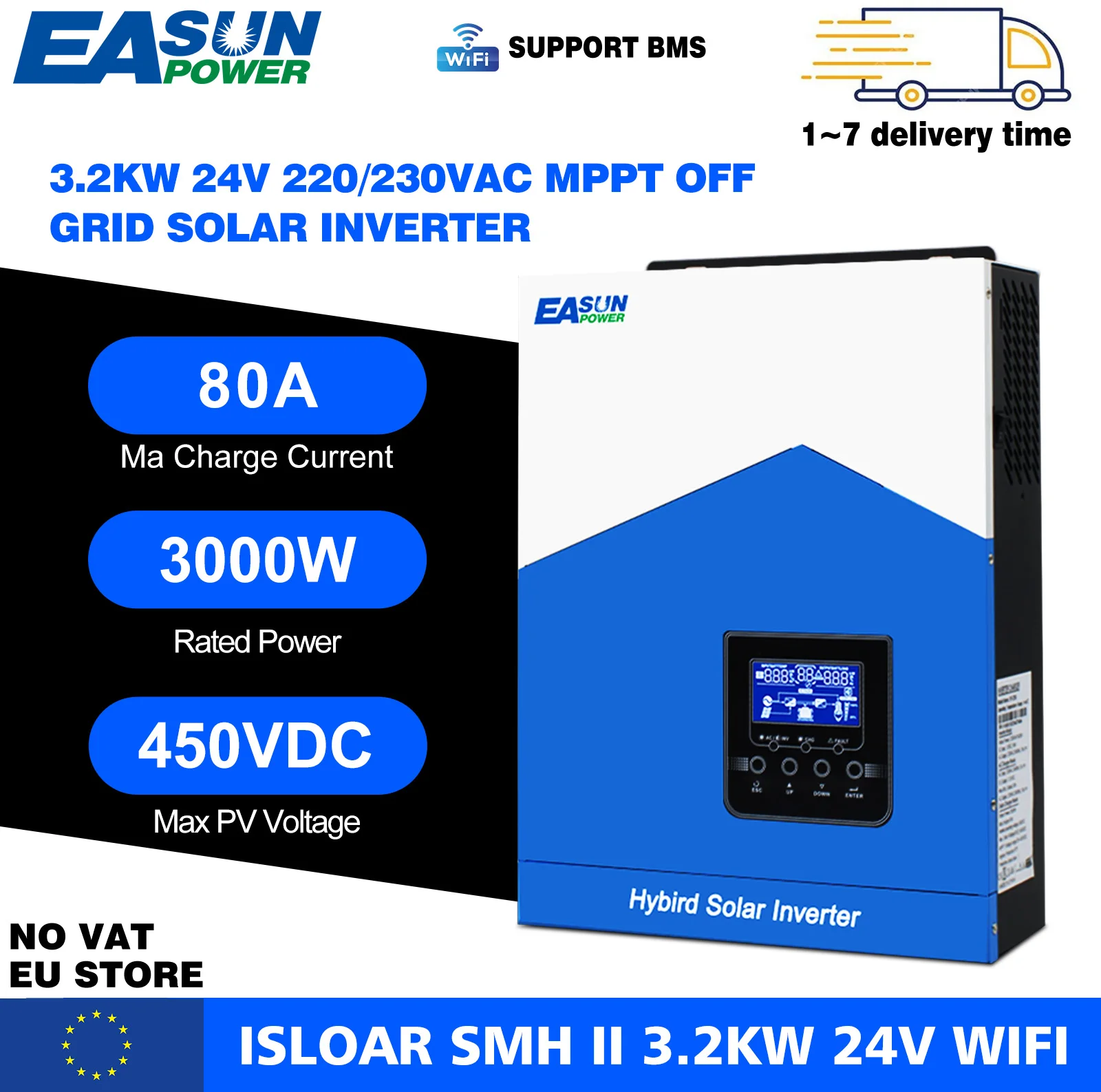 EASUN 4,2 kW hybride zonne-omvormer 24V 3,2KW off-grid omvormer 6,2KW 48V MPPT 12V 2KW 230V 110A oplader Max PV 450V BMS in EU - afbeelding 1