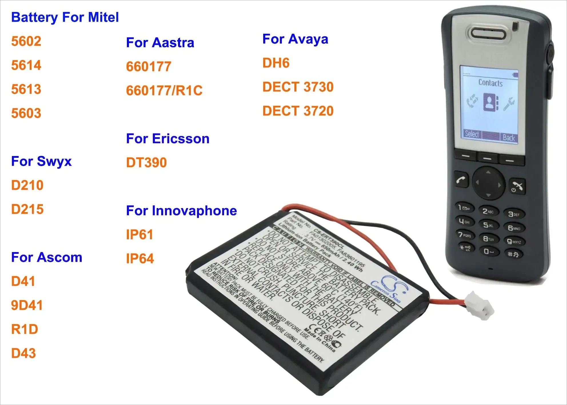Battery for Aastra 660177,For Ascom 9D41,D41,D43,R1D,For Avaya 3720,For ERICSSON DT390, For Innovaphone IP61, For Swyx D210,D215