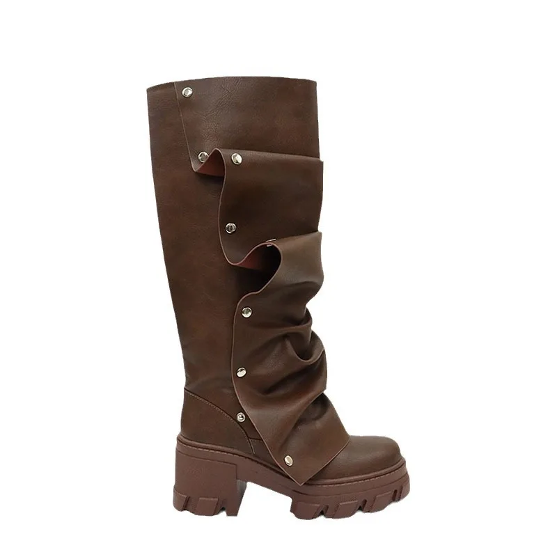 Botas largas hasta la rodilla con remaches para mujer, zapatos de tacón grueso con plataforma gruesa y punta redonda, ideales para banquete