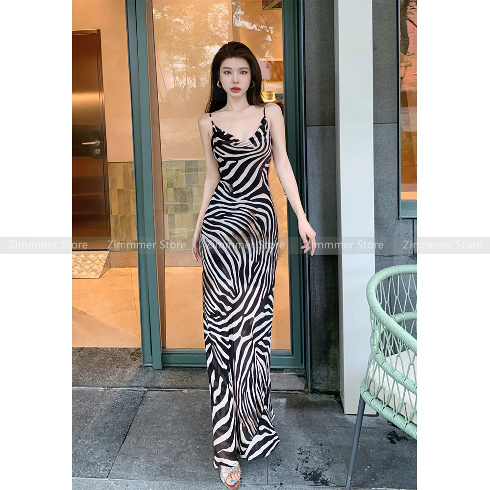 

European and American retro large backless lace splicing zebra print slit sexy dress long skirt