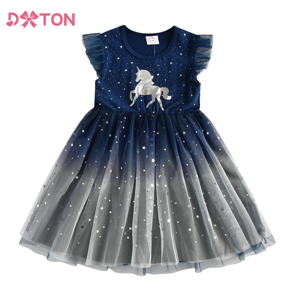 DXTON Kids Sleeveless Dresses Unicorn Princess Baby Girls Dress A-Line Gradient Mesh Summer Children Casual School Dot Clothing