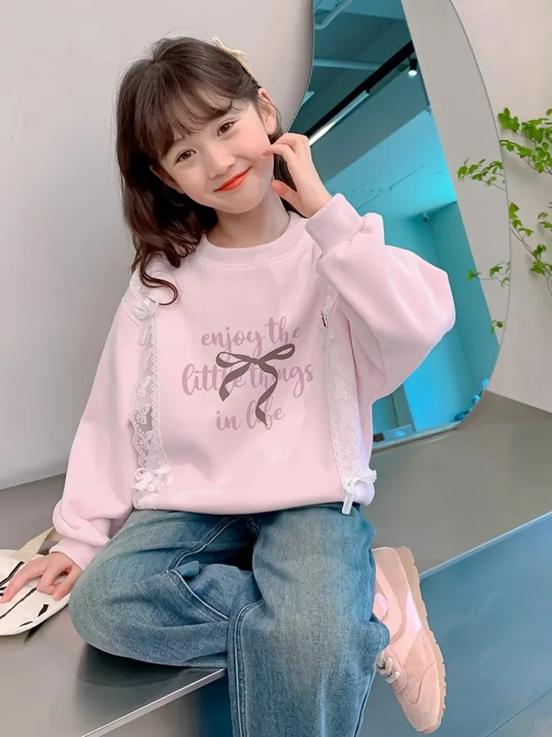 

Girls' 2025 Autumn New Spring/Autumn Thin Printed Letter Fashion Long Sleeve Crewneck Pullover Sweatshirt