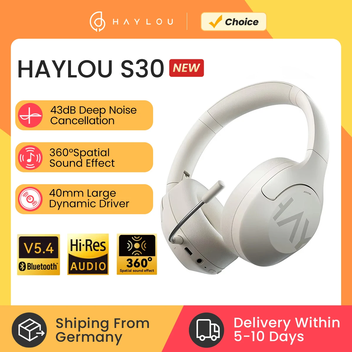 HAYLOU S30 Kabellose Bluetooth 5.4 Kopfhörer 43 dB Adaptive Geräuschunterdrückung Headsets 40mm dynamischer Treiber 80 Stunden Spielzeit Ohrhörer