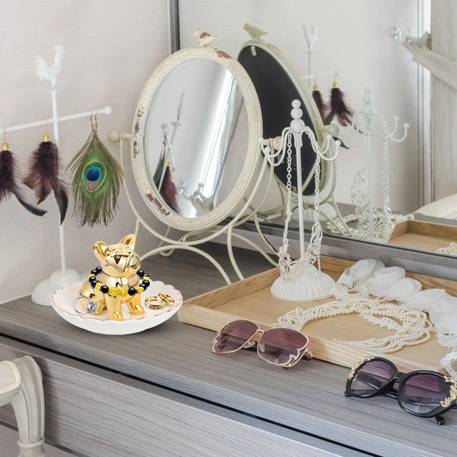 

1 шт., блюдо для ювелирных изделий с быком и собакой, керамический лоток для хранения с животным дизайном, органайзер для колец, ожерелий, сережек, настольный держатель для макияжа