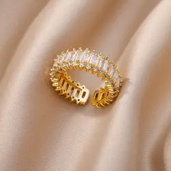 Fashion Luxury Zircon Charm Baguette Cubic Zirconia Wedding Rings For Women Gold Color Open Finger Ring Party Jewelry Gift