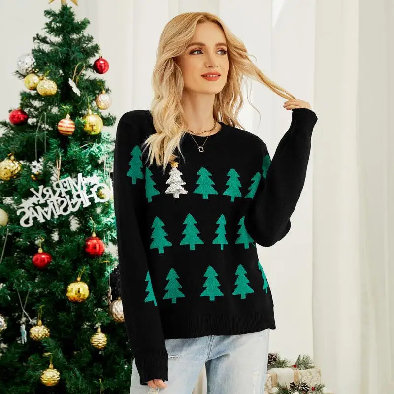 سترة محبوكة بنمط شجرة Cisas طويلة Sve علوية Cisas ملابس تريكو حمراء Ele Sle Fce Thiened سترة نسائية