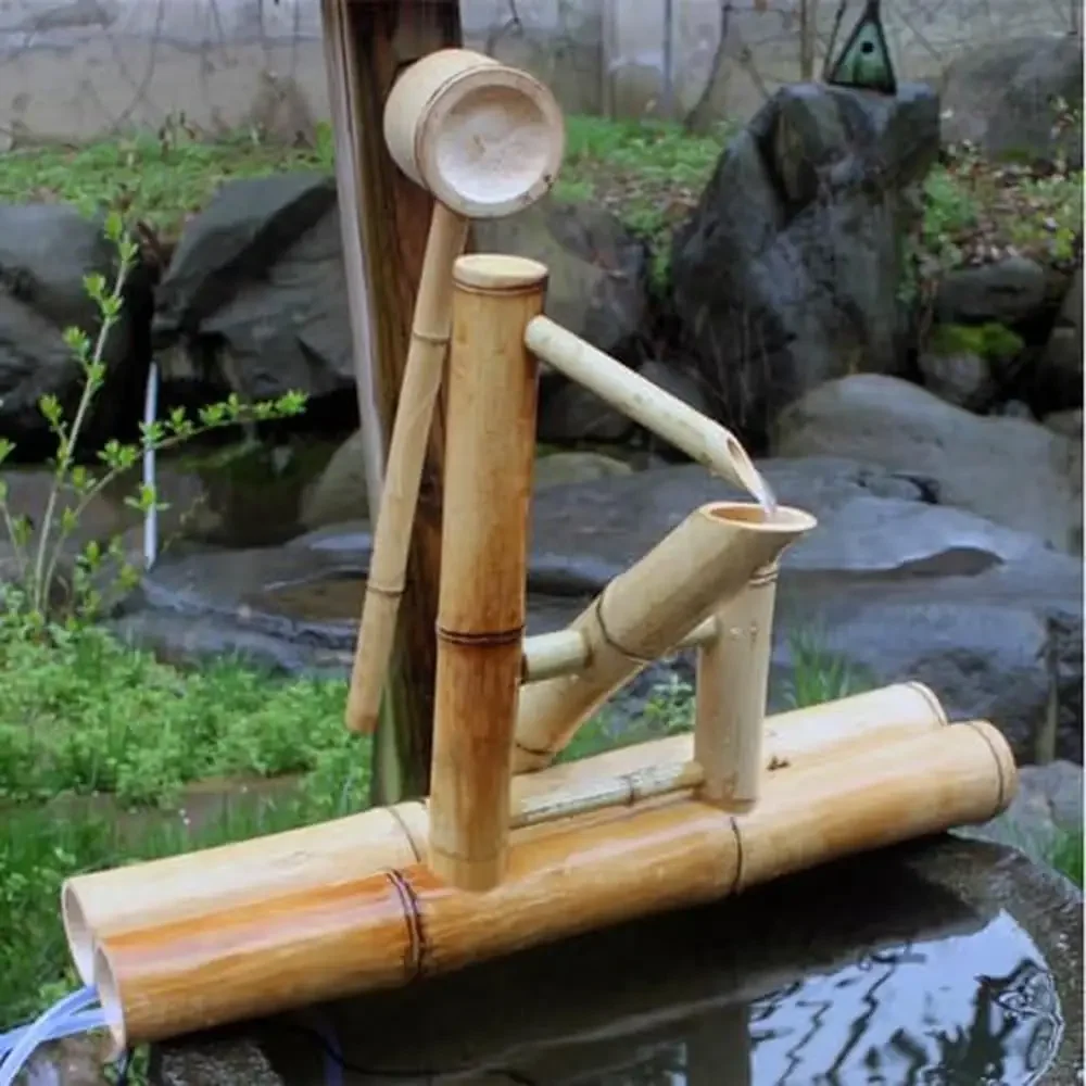 Outdoor Bamboo Water Fountain Kit Handmade Landscape Pump Eco-friendly Universal Water Scoop Serene Ambiance Garden Yard