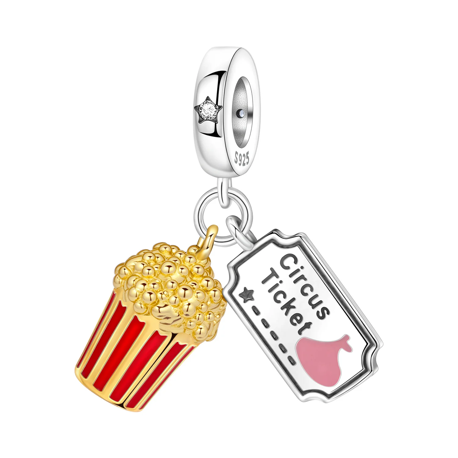 PANPOKI 925 Sterling Silver Popcorn Movie Tickets Beads Original Pendants Bracelet Charm Jewelry Party DIY Trendy Gifts